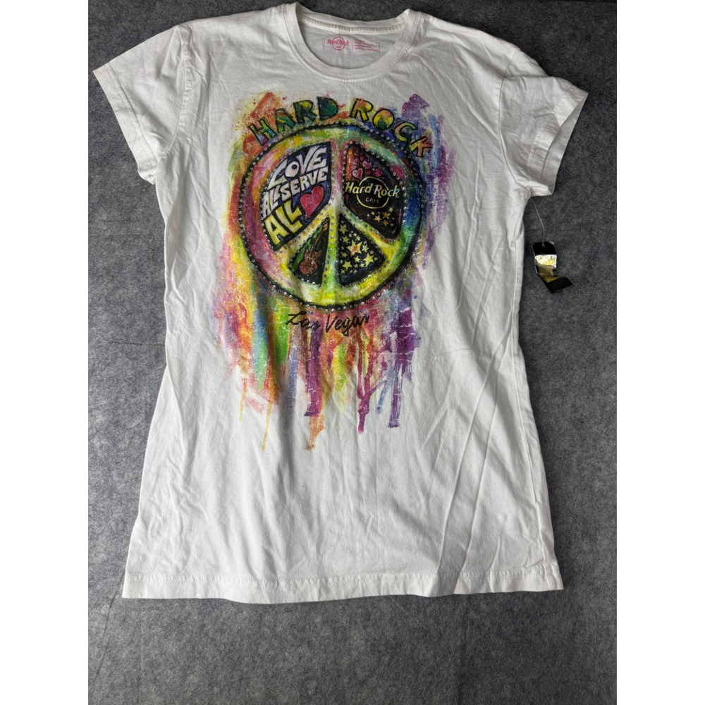 Hard Rock Cafe Las Vegas Peace Sign Graphic Tee White Rhinestone XL NWT